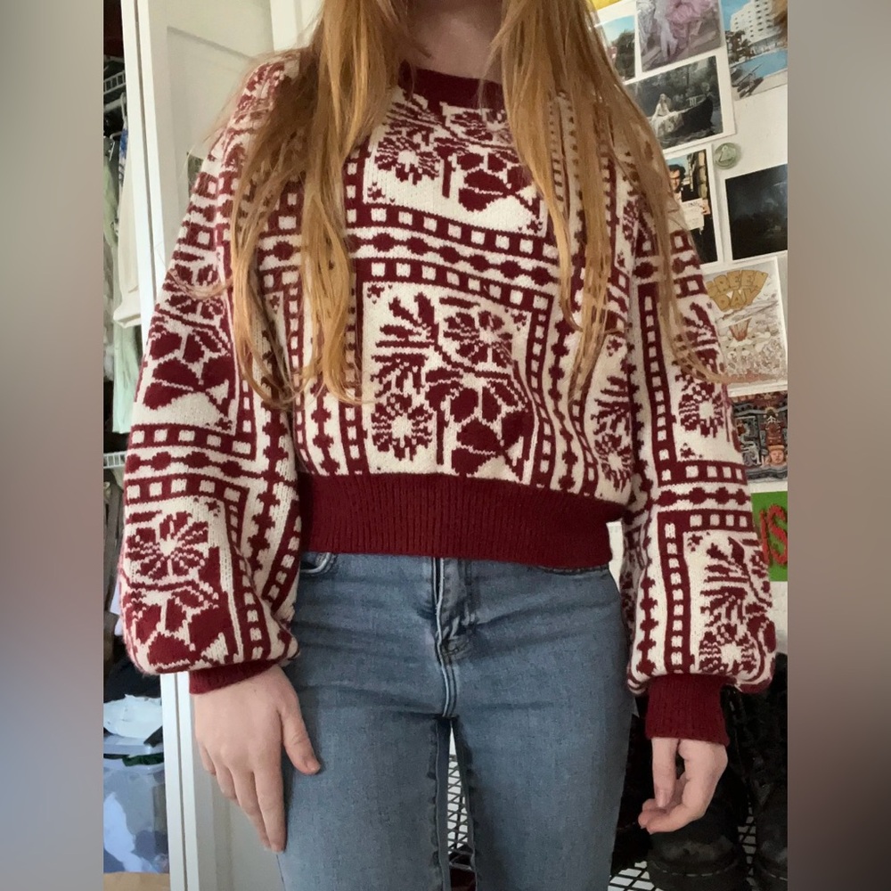 KNIT ROUND NECKLINE FLORAL CONTRASTING BINDING SWEATER W(10) Crop, NWT